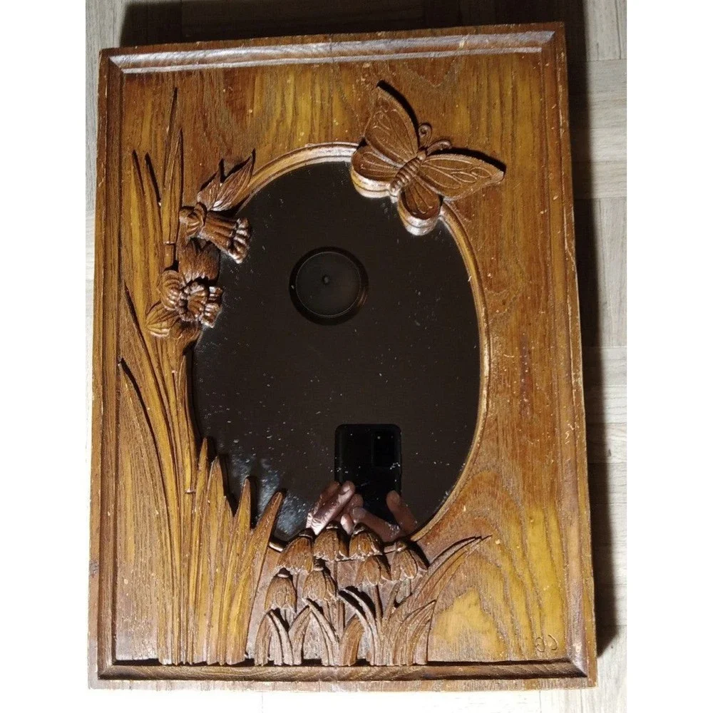 Vintage Einar Johansen Wood Carved Mirror 1976 Butterfly Daffodil Bluebells